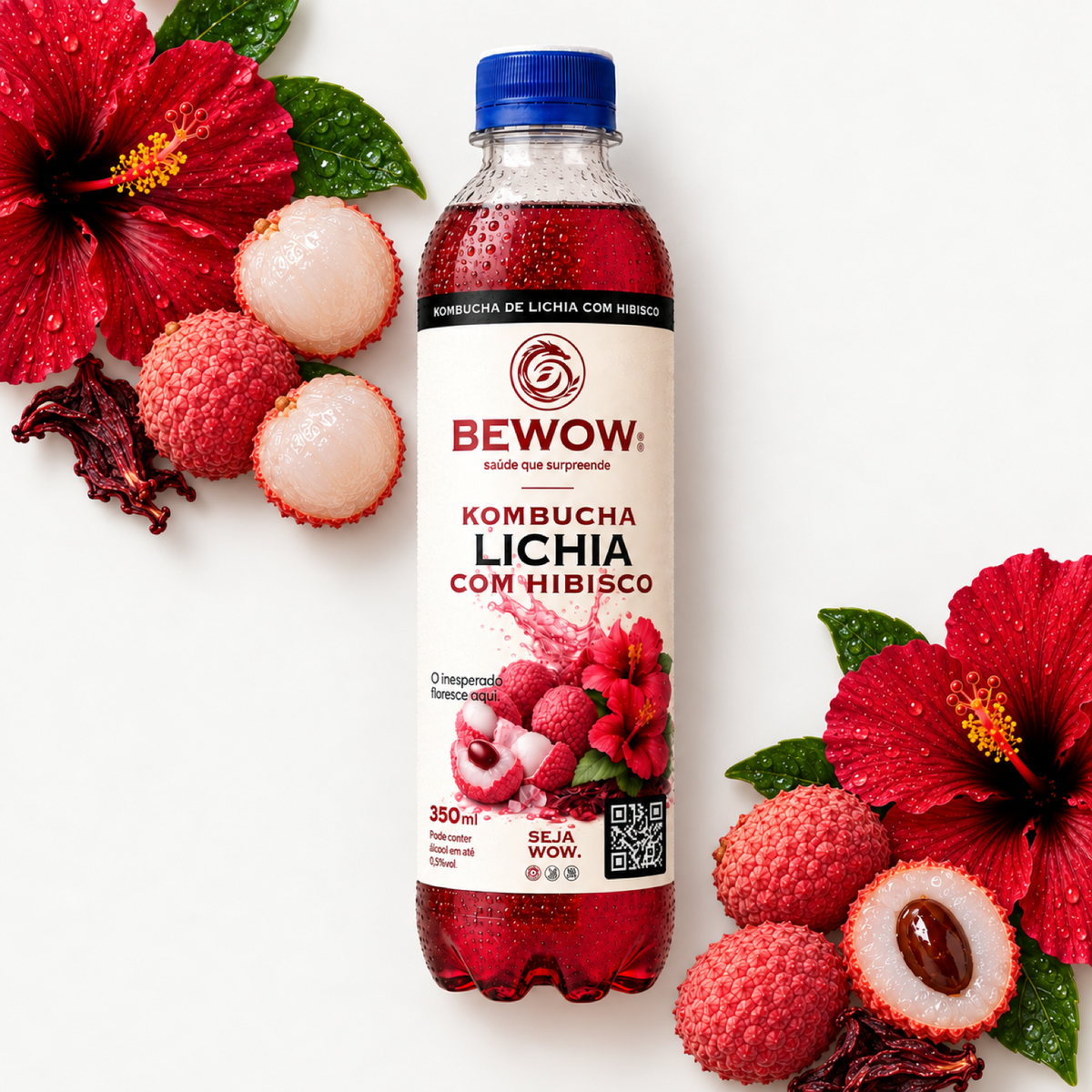 Kombucha Bewow Lichia com Hibisco com os ingredientes do sabor