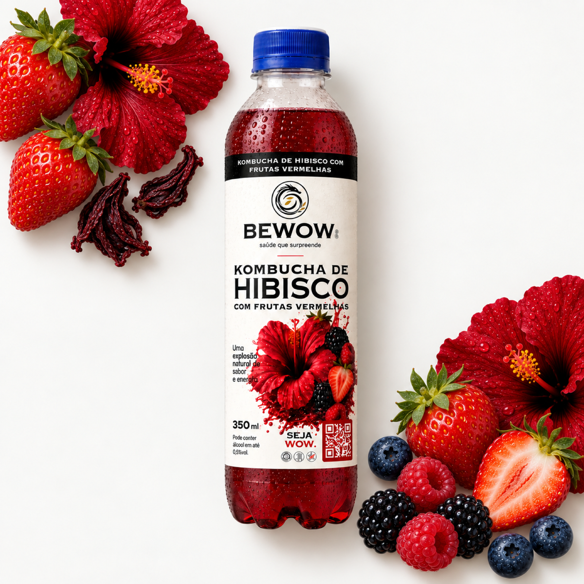 Kombucha Bewow Hibisco com Frutas Vermelhas com os ingredientes do sabor