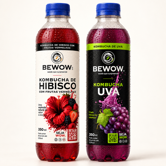 Combo Frutas Vermelhas e Uva da Bewow, garrafas de 350 ml em fundo claro