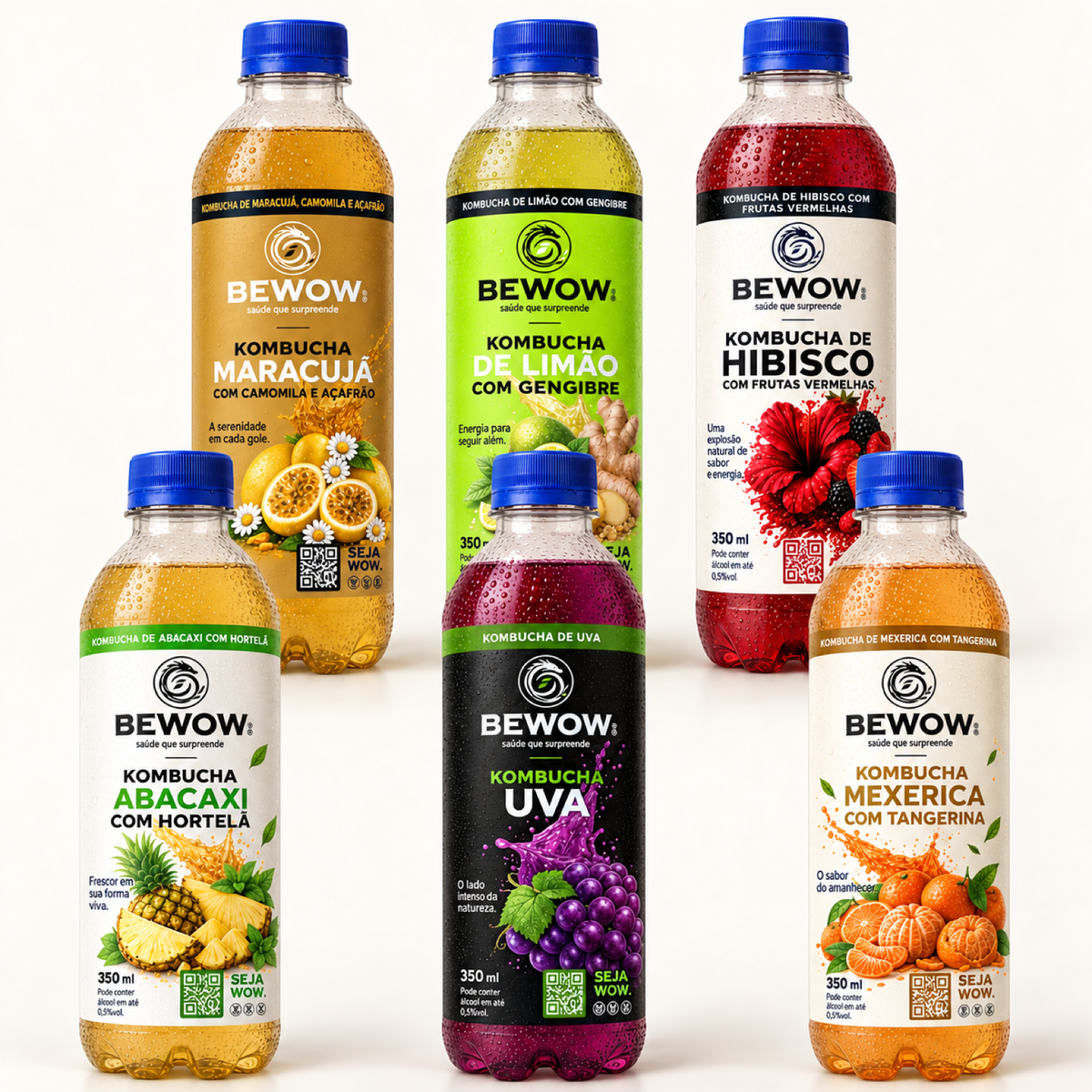Combo Cítricos da Bewow, garrafas de 350 ml em fundo claro