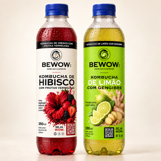 Combo Frutas Vermelhas & Limão com Gengibre da Bewow, garrafas de 350 ml em fundo claro
