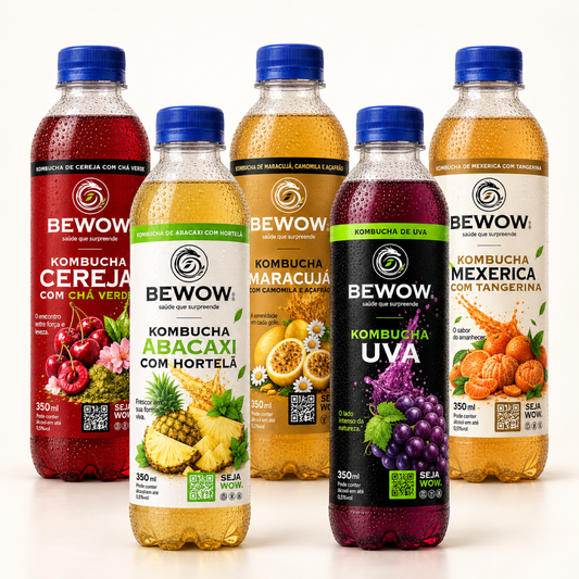 Combo Super Frutados da Bewow, garrafas de 350 ml em fundo claro