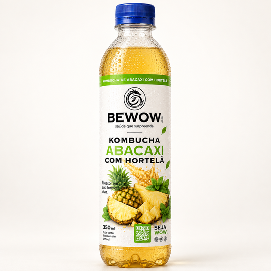 Garrafa de kombucha Bewow sabor Abacaxi com Hortelã, 350 ml