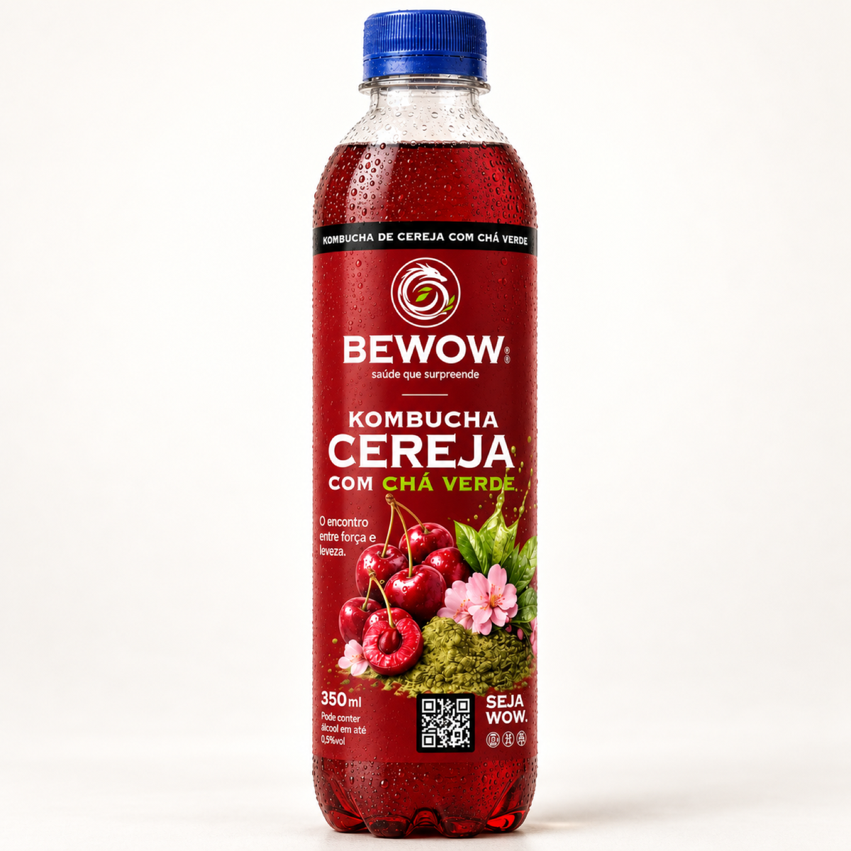 Garrafa de kombucha Bewow sabor Cereja com Chá Verde, 350 ml