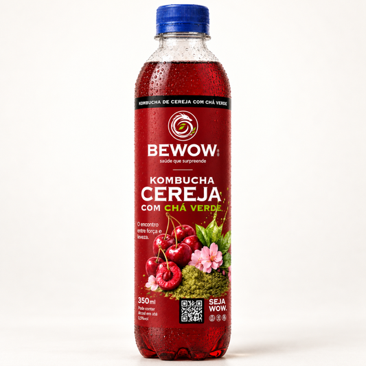 Garrafa de kombucha Bewow sabor Cereja com Chá Verde, 350 ml