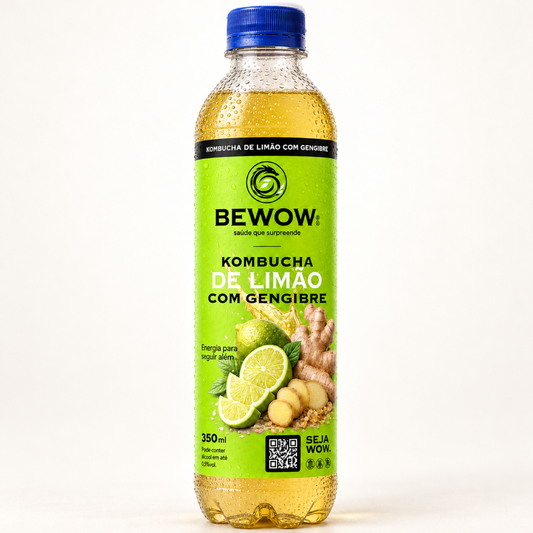 Garrafa de kombucha Bewow sabor Limão com Gengibre, 350 ml