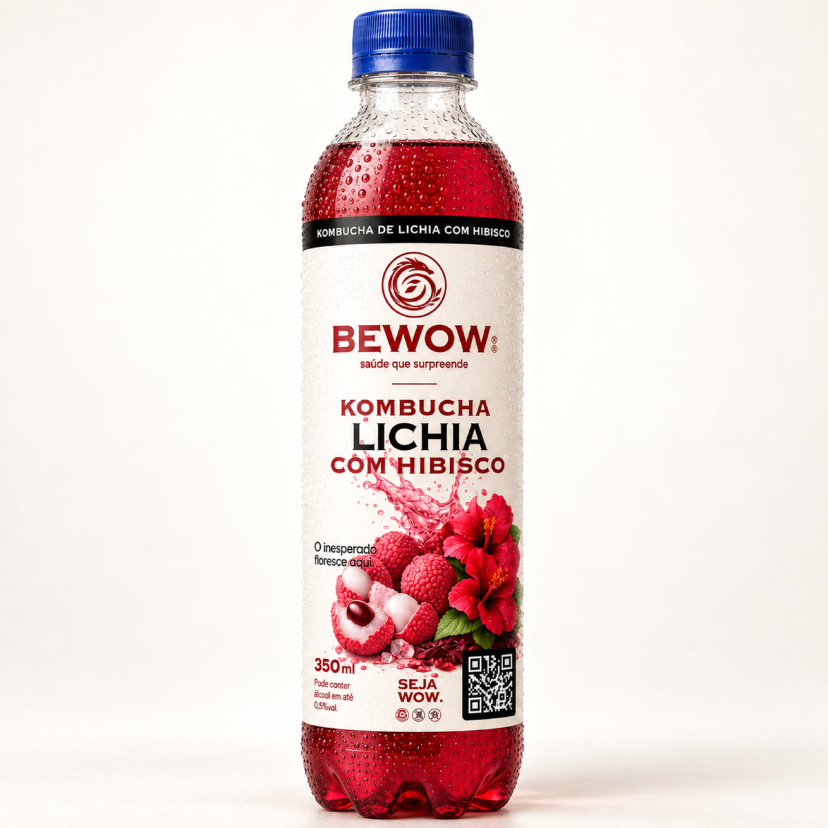 Garrafa de kombucha Bewow sabor Lichia com Hibisco, 350 ml