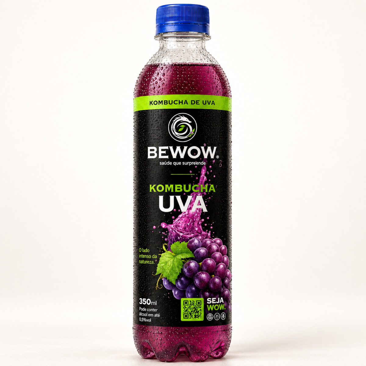 Garrafa de kombucha Bewow sabor Uva, 350 ml