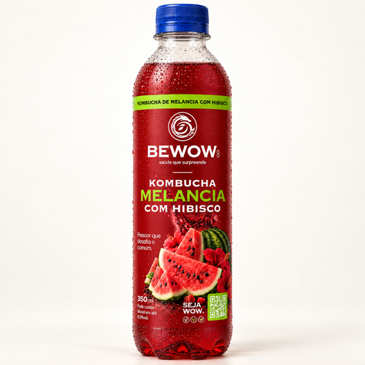 Garrafa de kombucha Bewow sabor Melancia com Hibisco, 350 ml