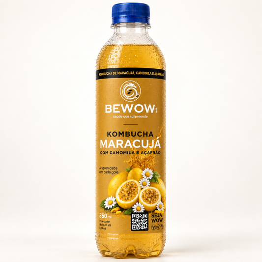 Garrafa de kombucha Bewow sabor Maracujá, Camomila e Açafrão, 350 ml