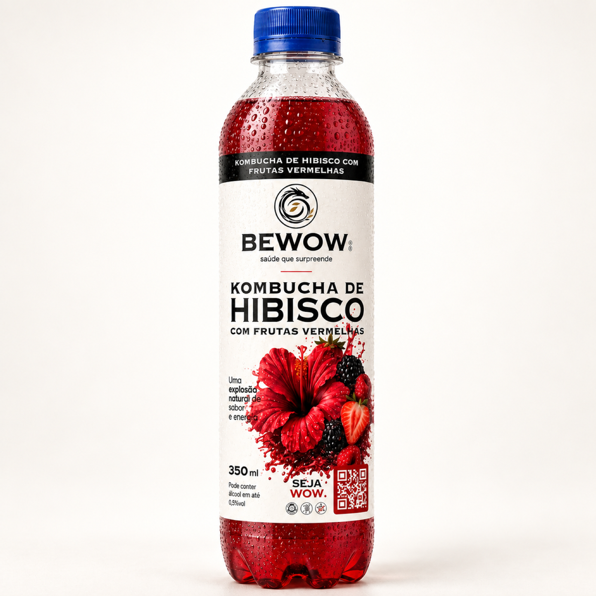 Garrafa de kombucha Bewow sabor Hibisco com Frutas Vermelhas, 350 ml