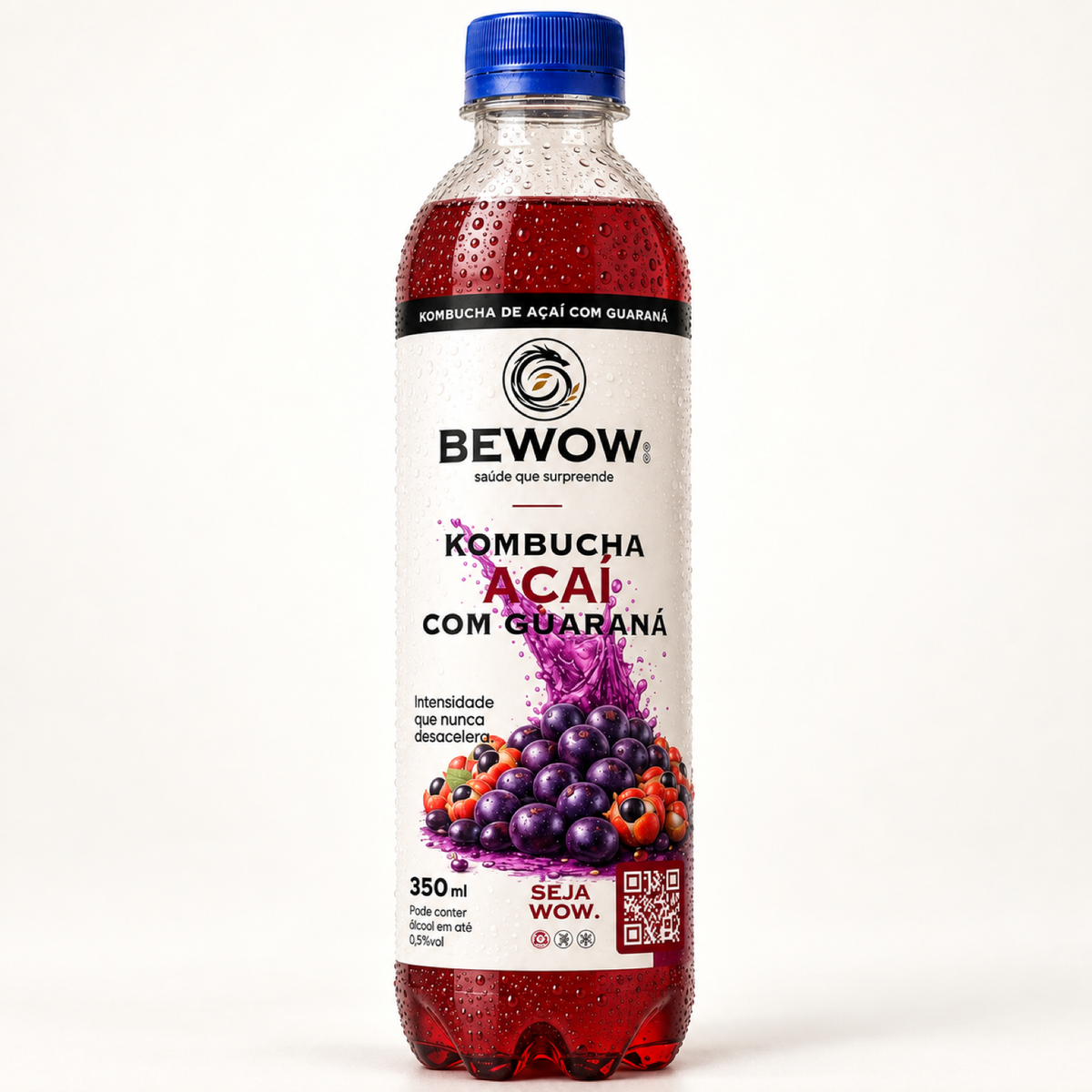 Garrafa de kombucha Bewow sabor Açaí com Guaraná, 350 ml