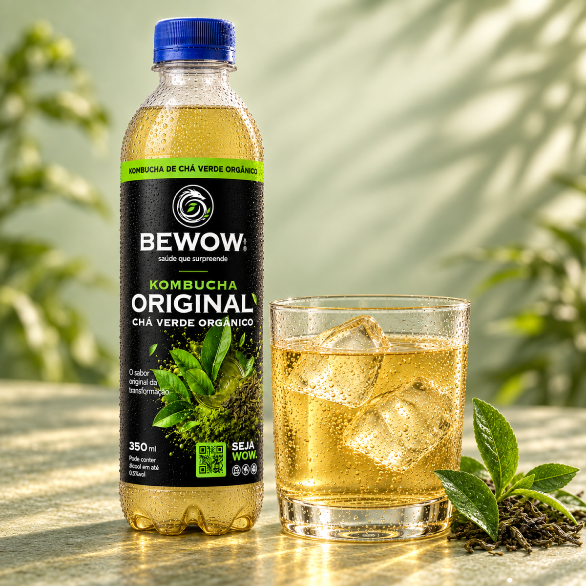 Kombucha Bewow Chá Verde Orgânico servida em copo com gelo