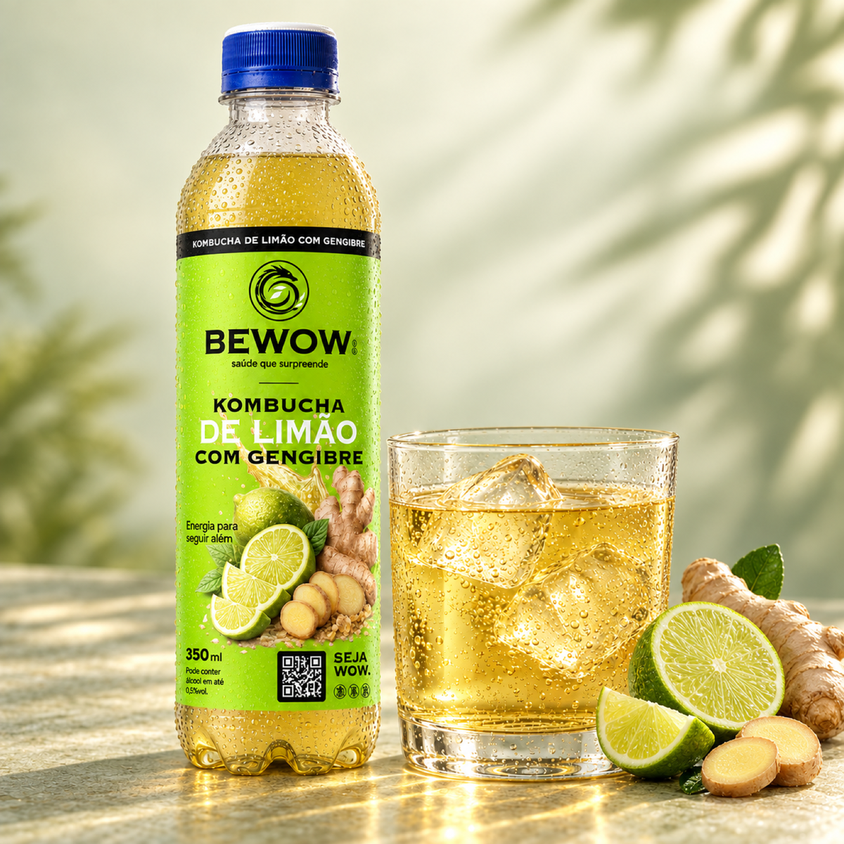 Kombucha Bewow Limão com Gengibre servida em copo com gelo