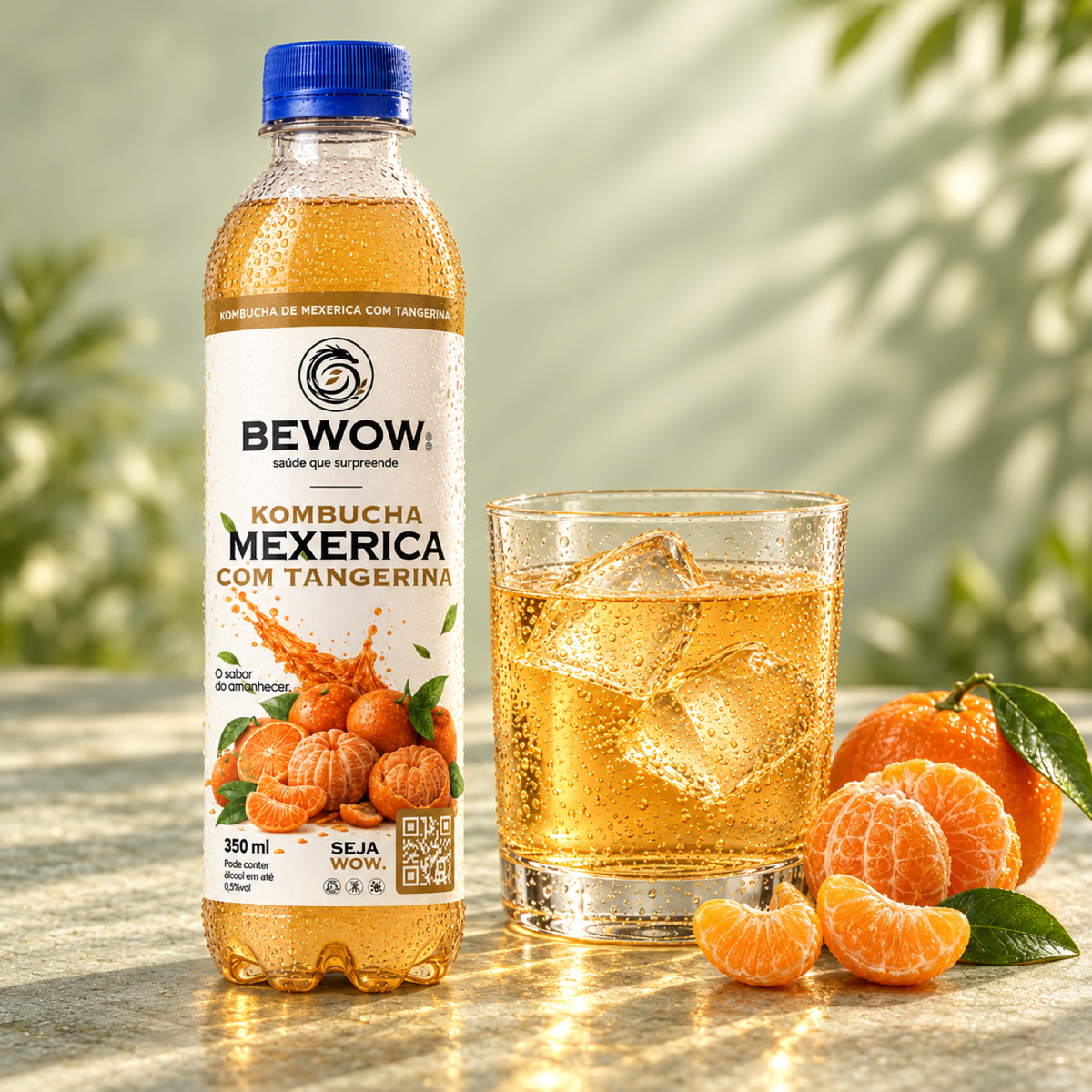 Kombucha Bewow Mexerica com Tangerina servida em copo com gelo