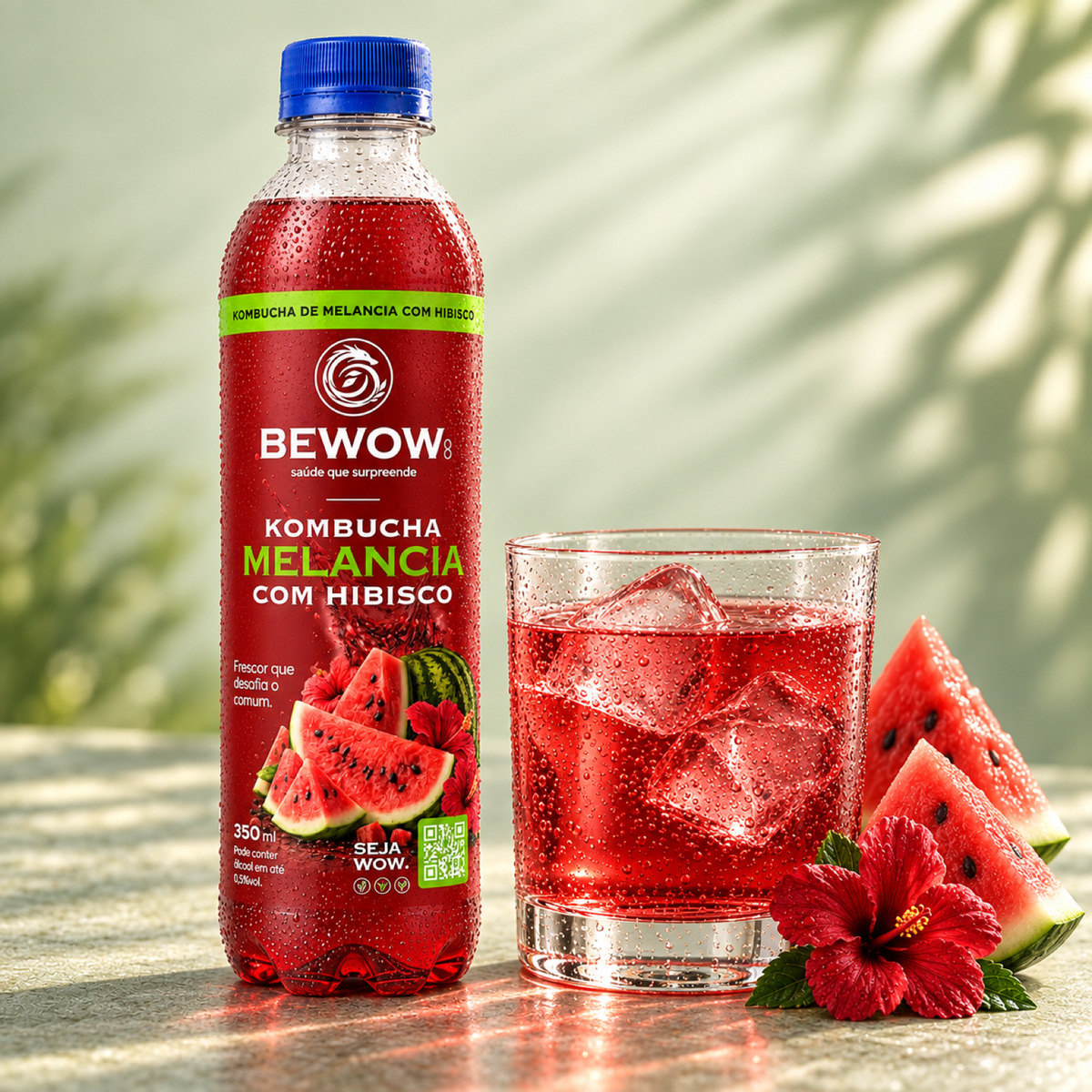 Kombucha Bewow Melancia com Hibisco servida em copo com gelo