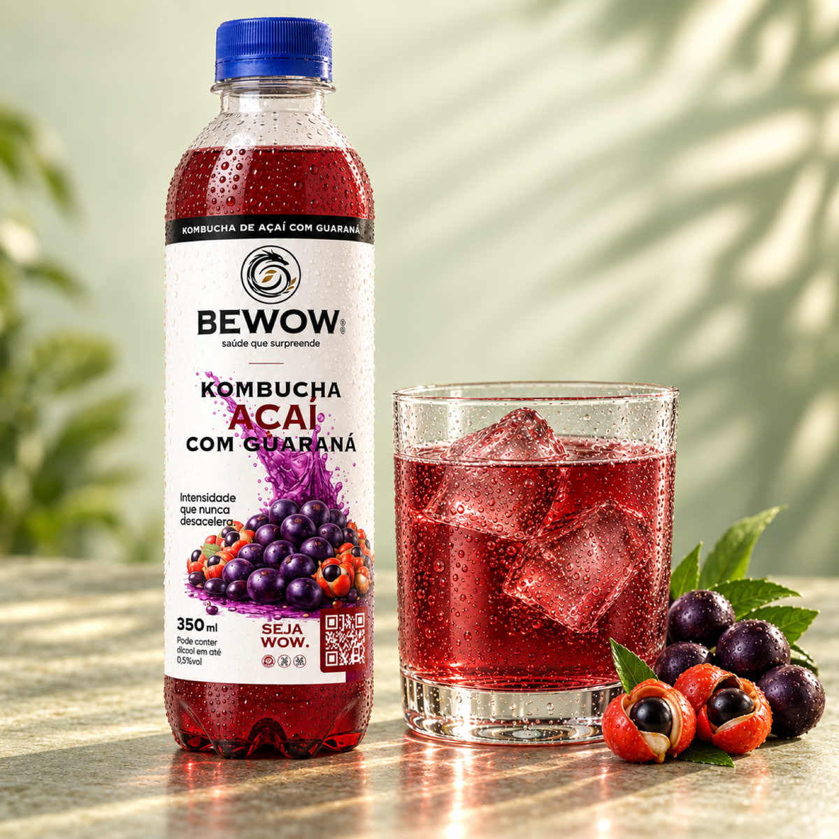 Kombucha Bewow Açaí com Guaraná servida em copo com gelo