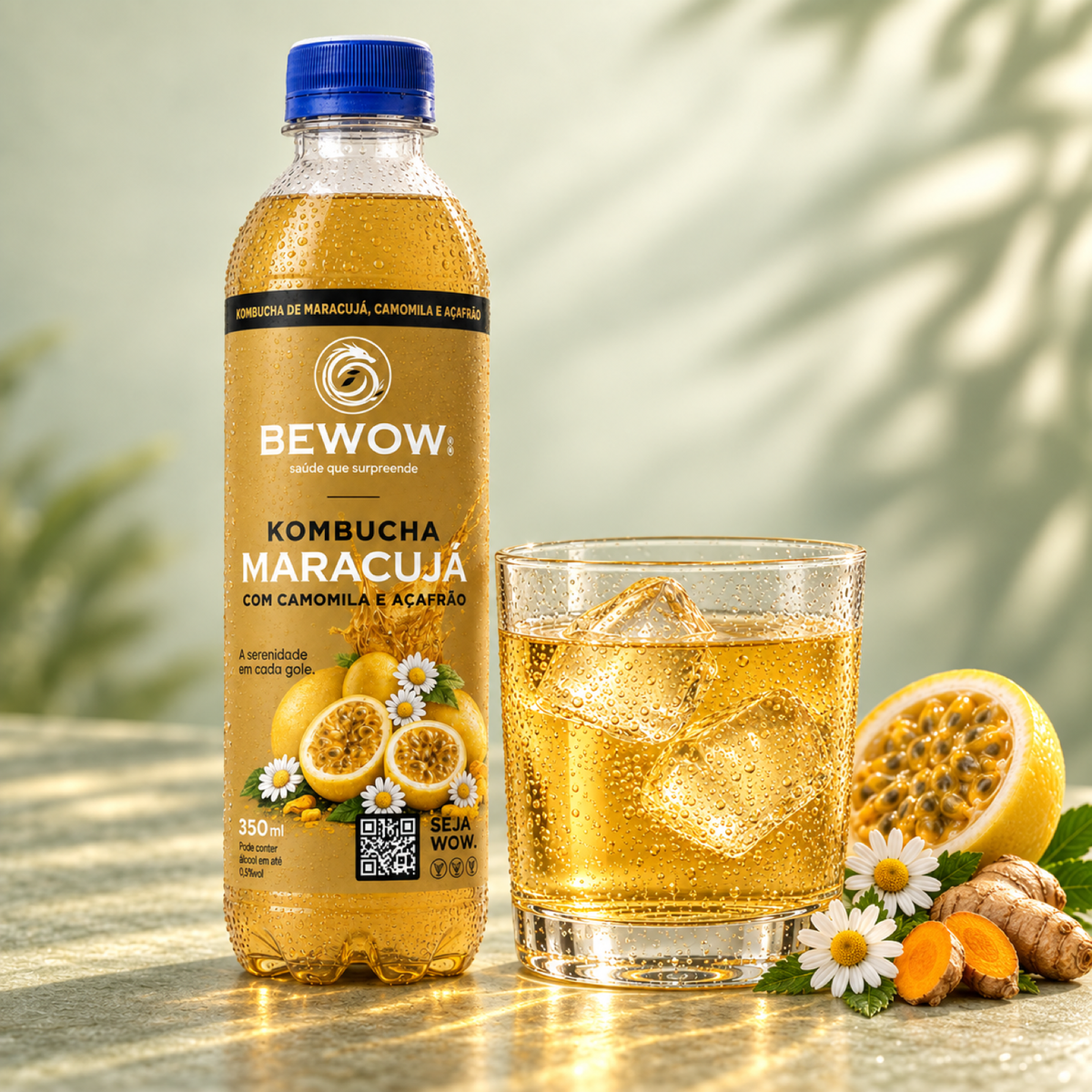 Kombucha Bewow Maracujá, Camomila e Açafrão servida em copo com gelo