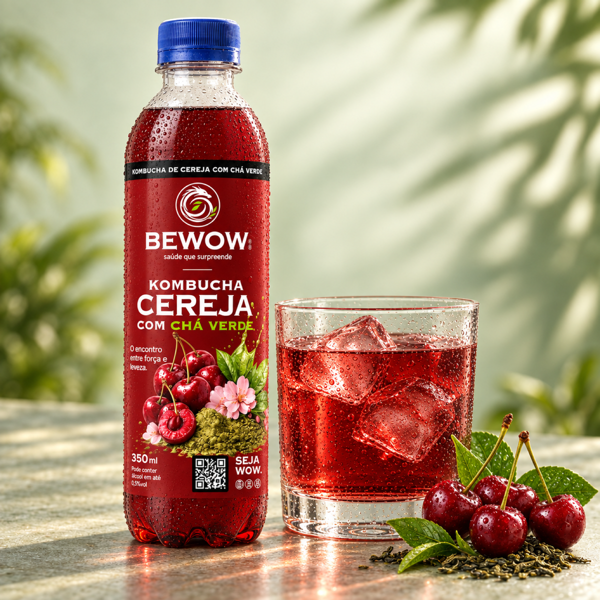 Kombucha Bewow Cereja com Chá Verde servida em copo com gelo