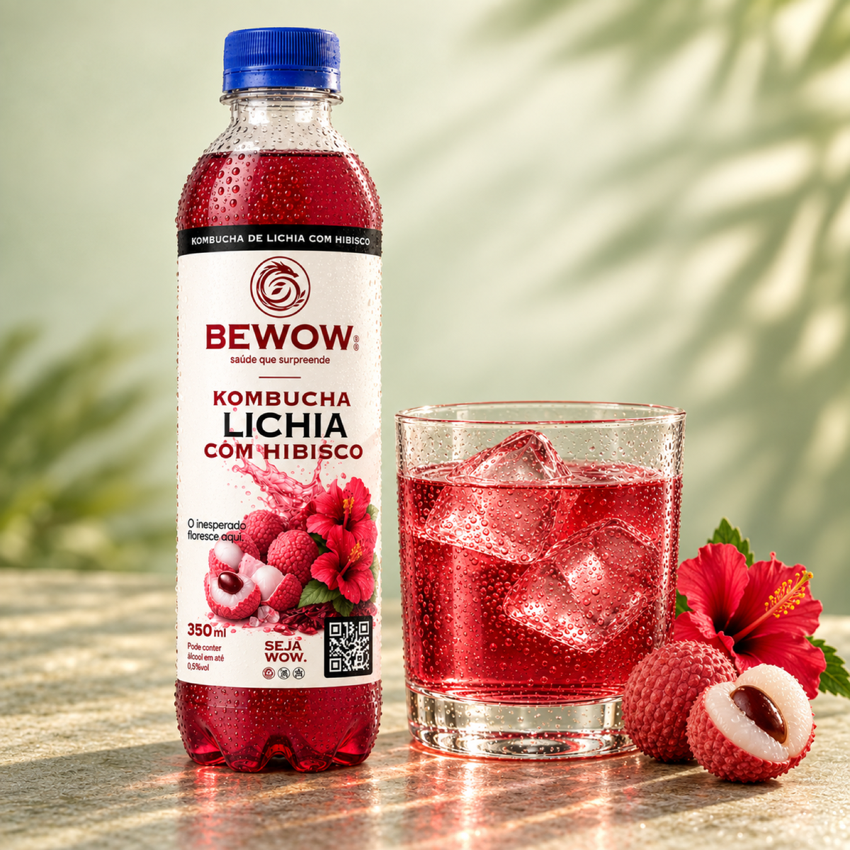 Kombucha Bewow Lichia com Hibisco servida em copo com gelo