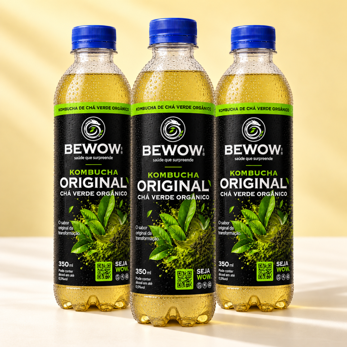 Três garrafas de kombucha Bewow Chá Verde Orgânico de 350 ml