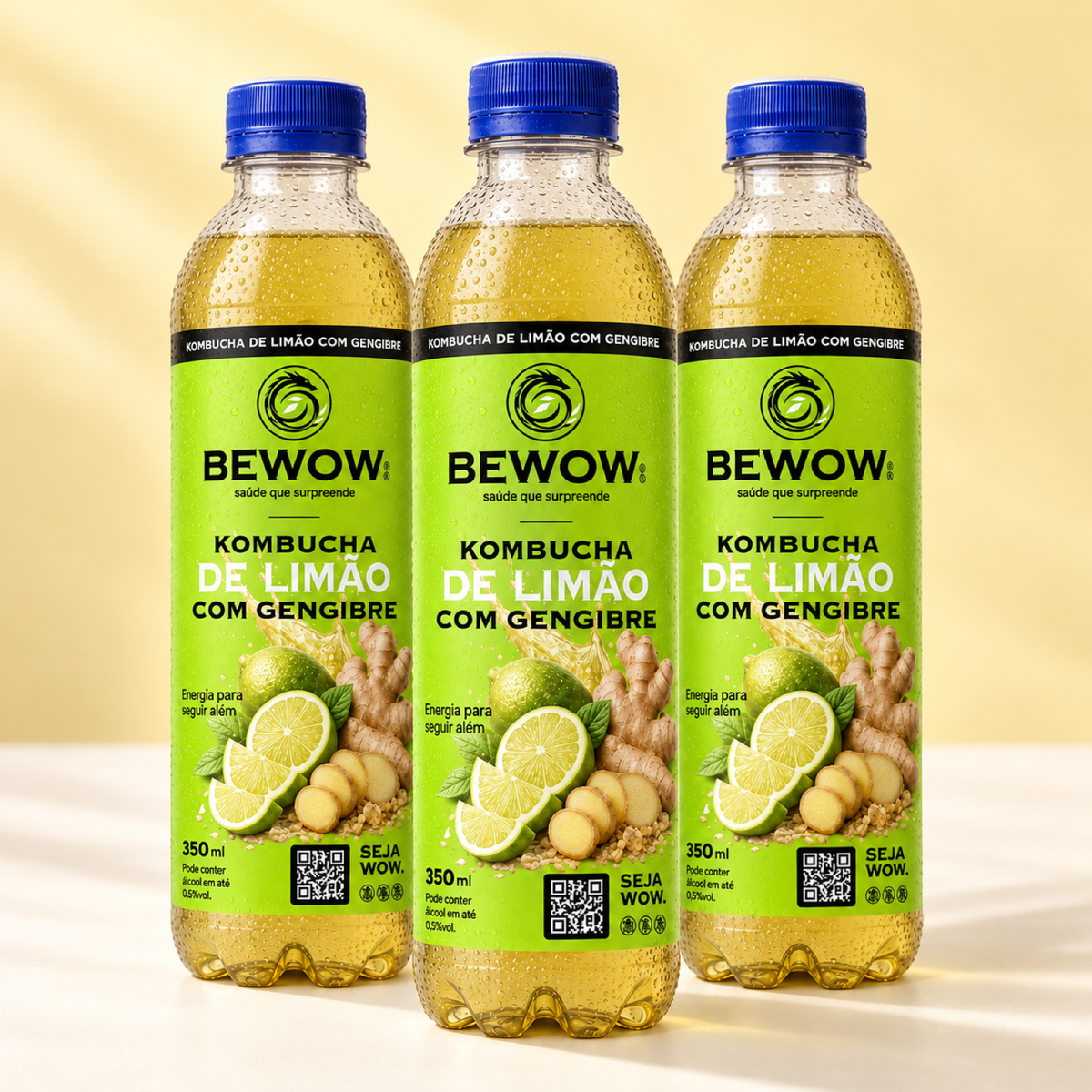 Três garrafas de kombucha Bewow Limão com Gengibre de 350 ml