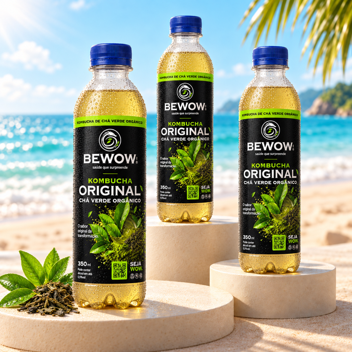 Garrafas de kombucha Bewow Chá Verde Orgânico em cenário de praia