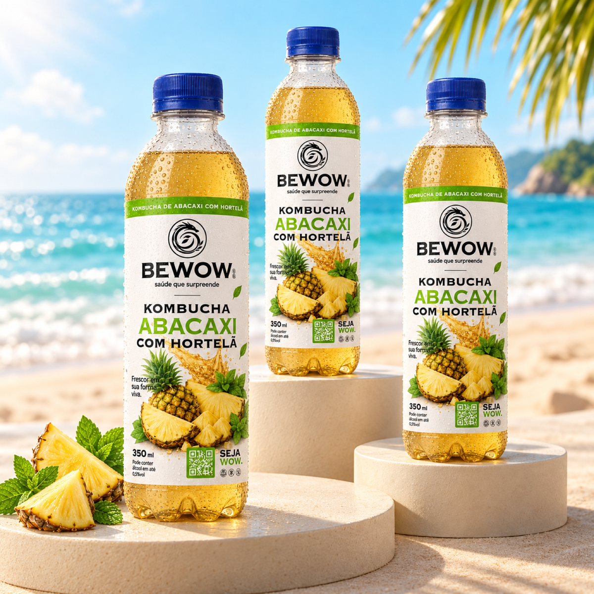 Garrafas de kombucha Bewow Abacaxi com Hortelã em cenário de praia