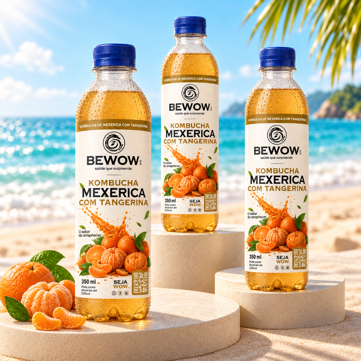 Garrafas de kombucha Bewow Mexerica com Tangerina em cenário de praia