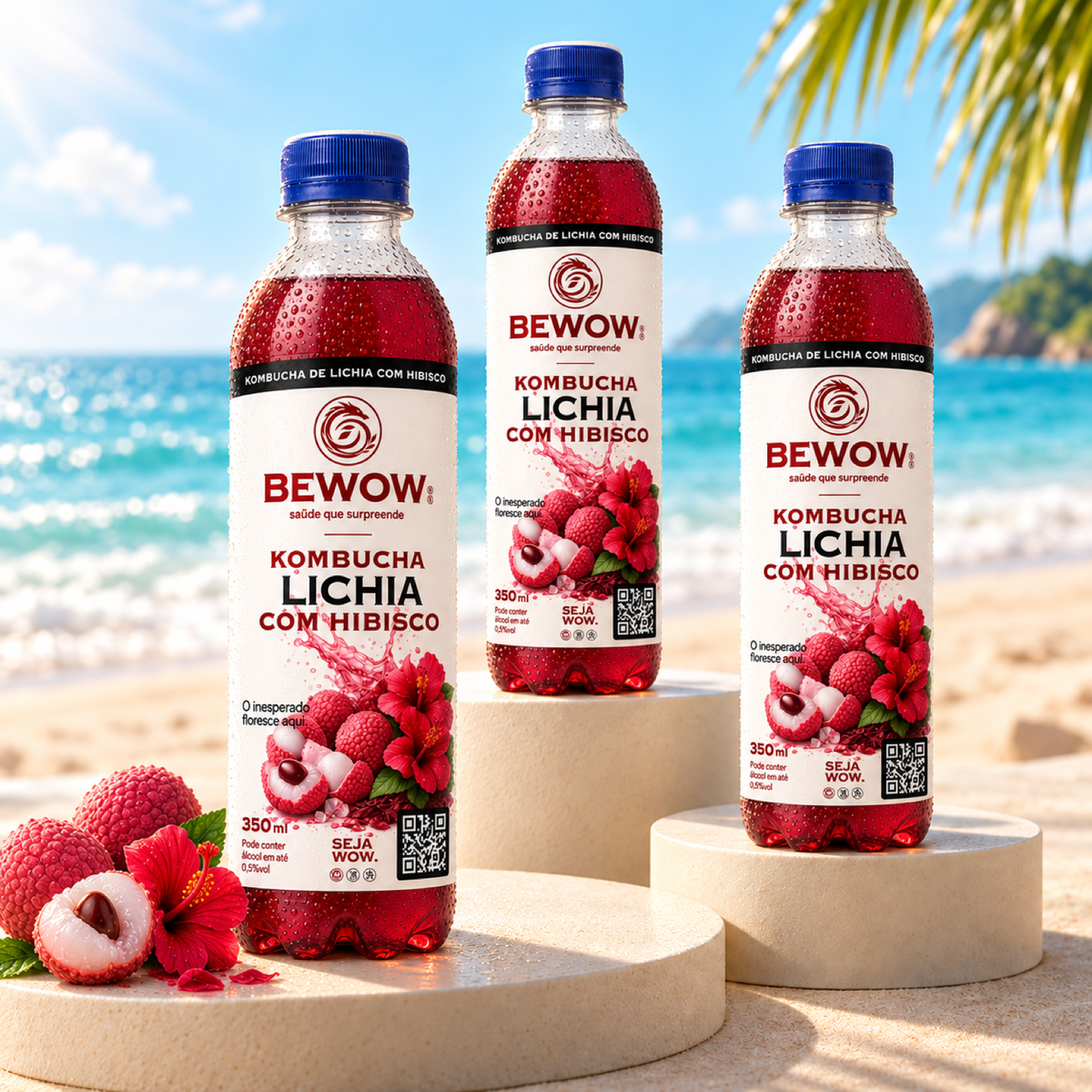 Garrafas de kombucha Bewow Lichia com Hibisco em cenário de praia