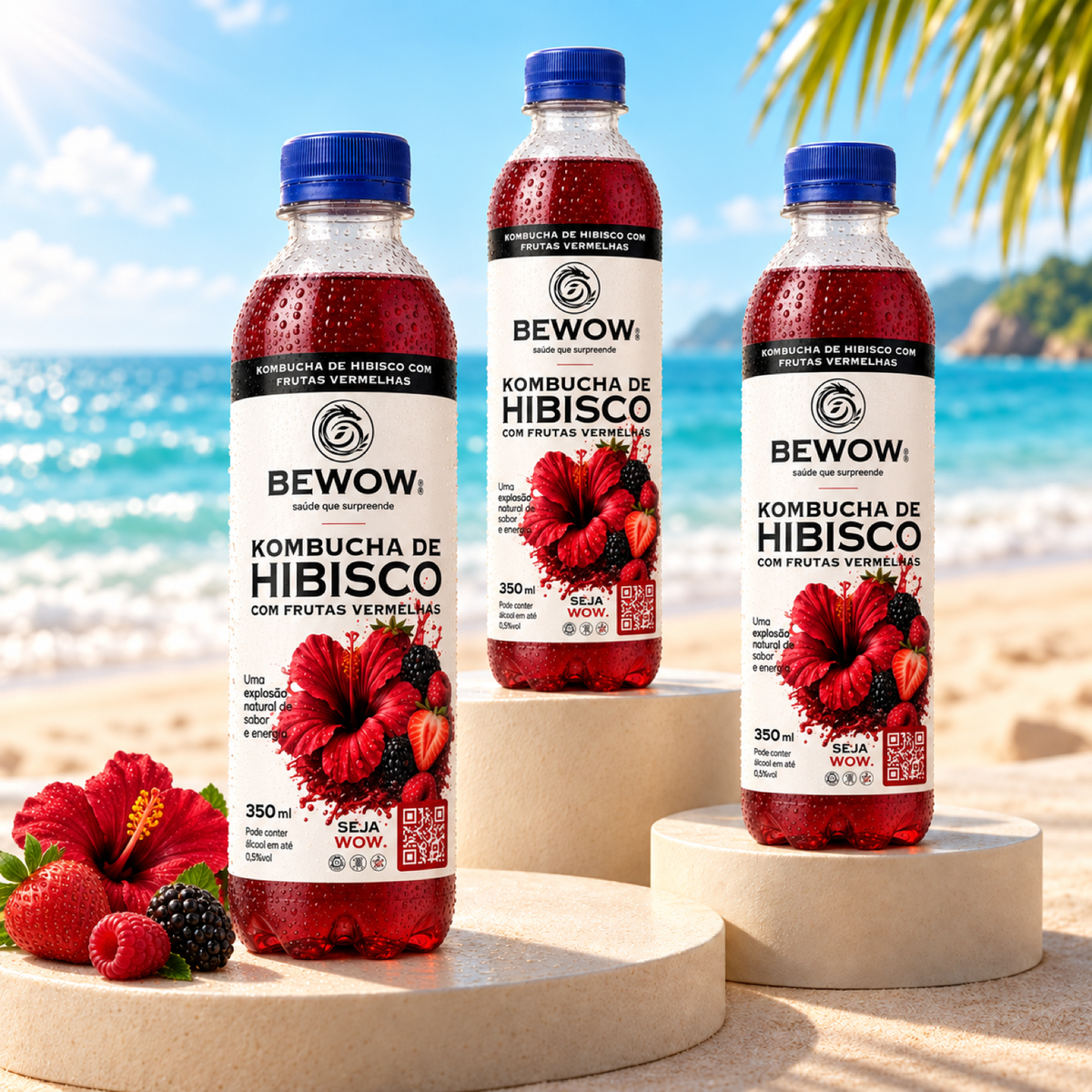Garrafas de kombucha Bewow Hibisco com Frutas Vermelhas em cenário de praia