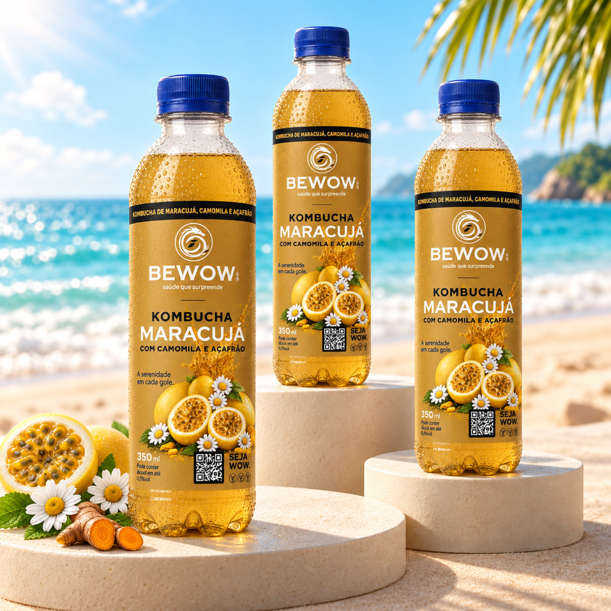 Garrafas de kombucha Bewow Maracujá, Camomila e Açafrão em cenário de praia