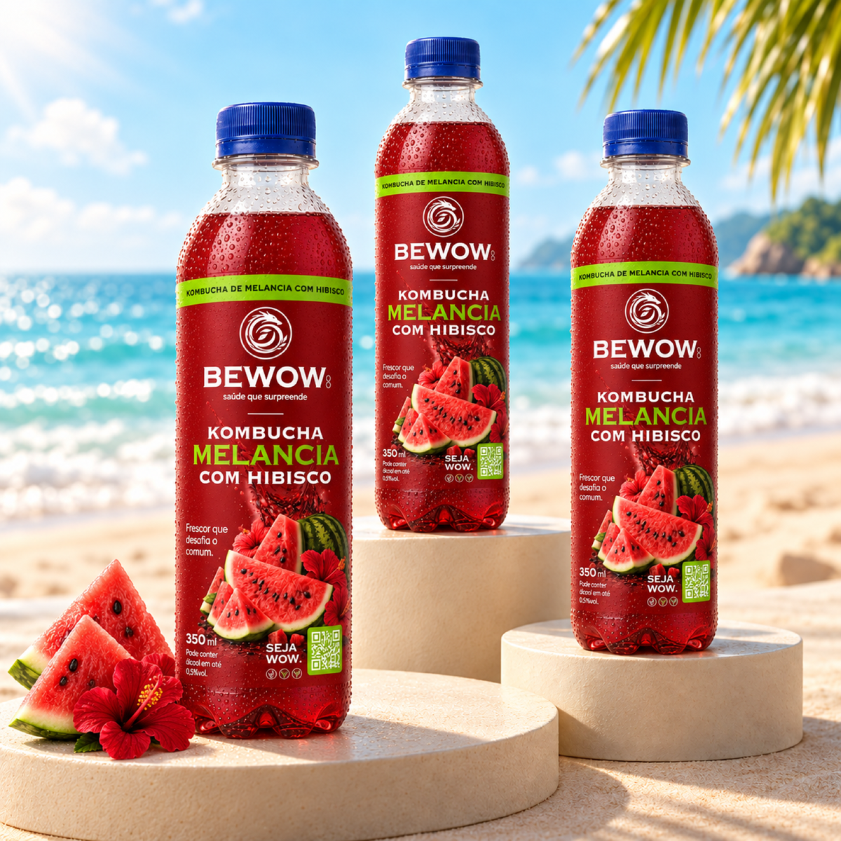 Garrafas de kombucha Bewow Melancia com Hibisco em cenário de praia