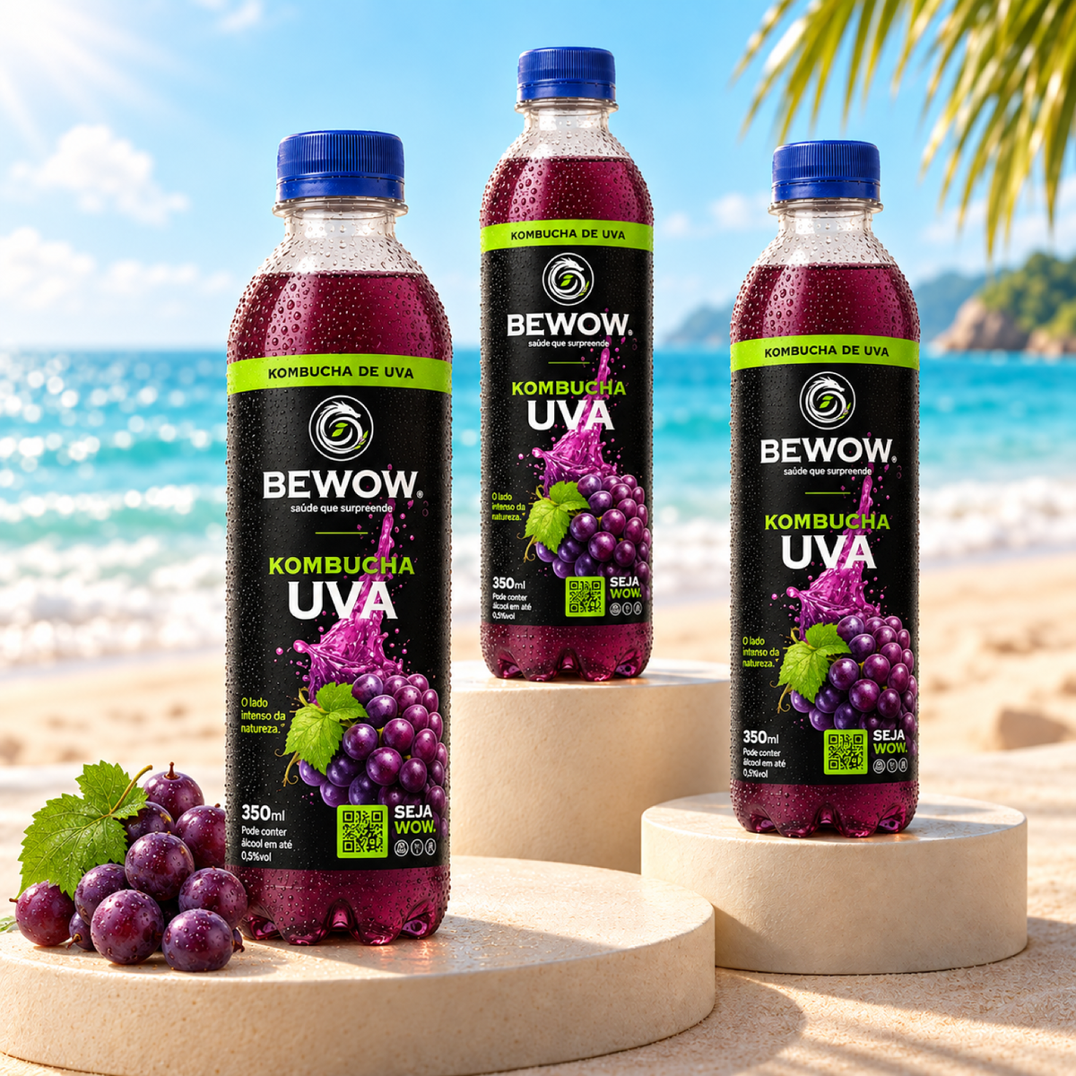 Garrafas de kombucha Bewow Uva em cenário de praia