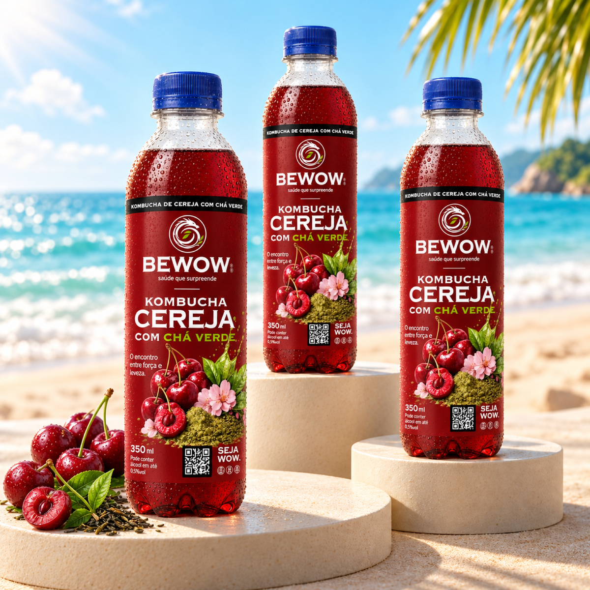 Garrafas de kombucha Bewow Cereja com Chá Verde em cenário de praia