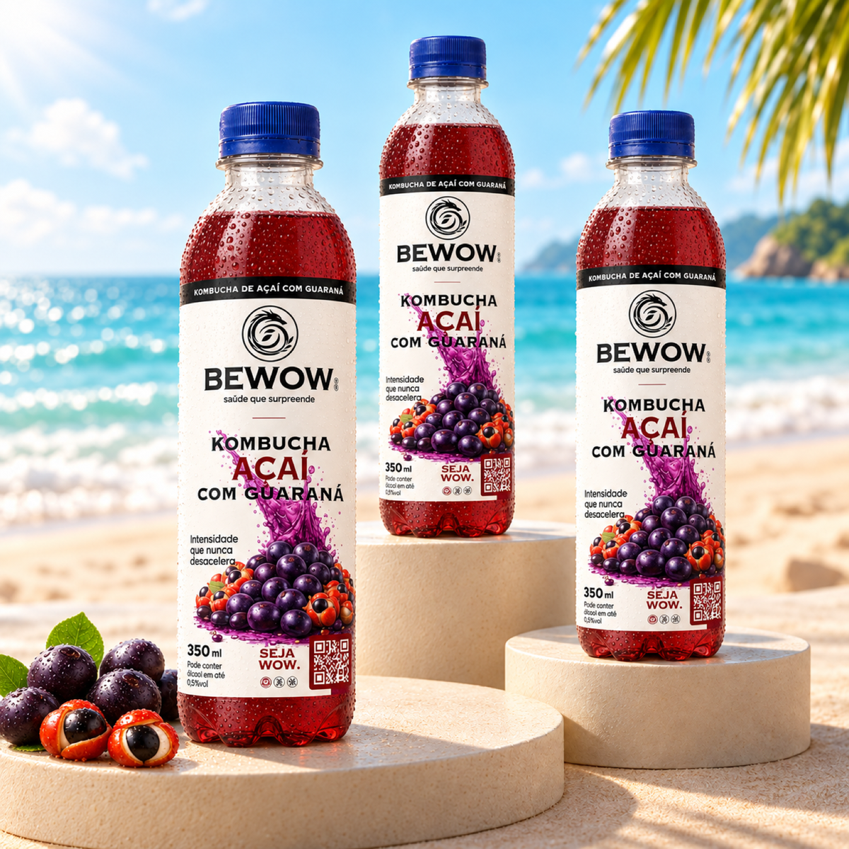 Garrafas de kombucha Bewow Açaí com Guaraná em cenário de praia