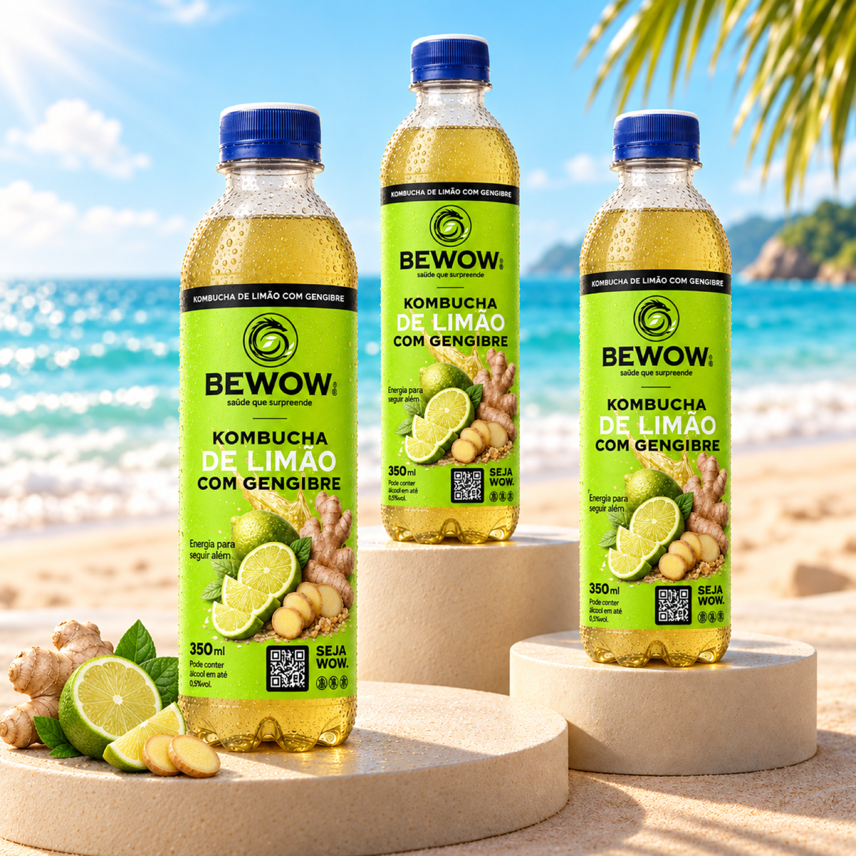 Garrafas de kombucha Bewow Limão com Gengibre em cenário de praia