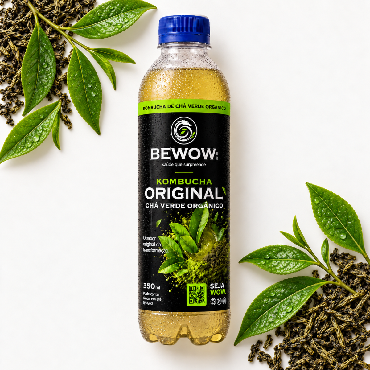Kombucha Bewow Chá Verde Orgânico com os ingredientes do sabor