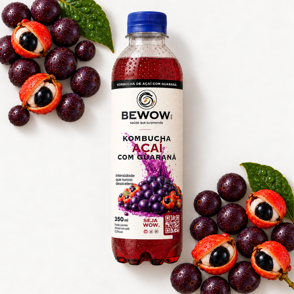 Kombucha Bewow Açaí com Guaraná com os ingredientes do sabor