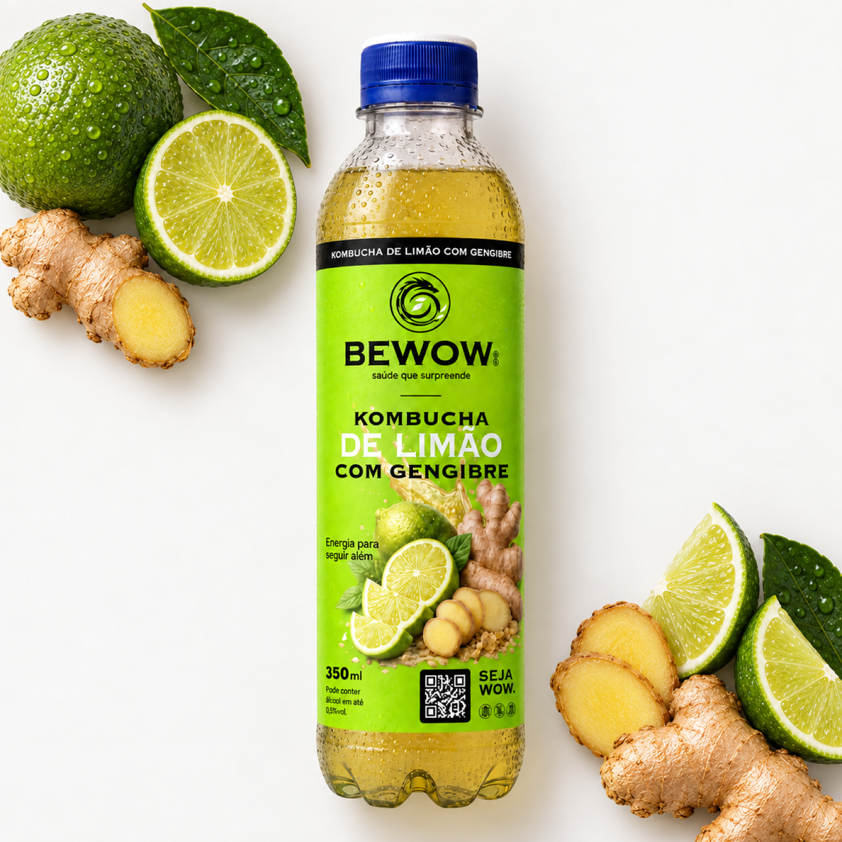 Kombucha Bewow Limão com Gengibre com os ingredientes do sabor