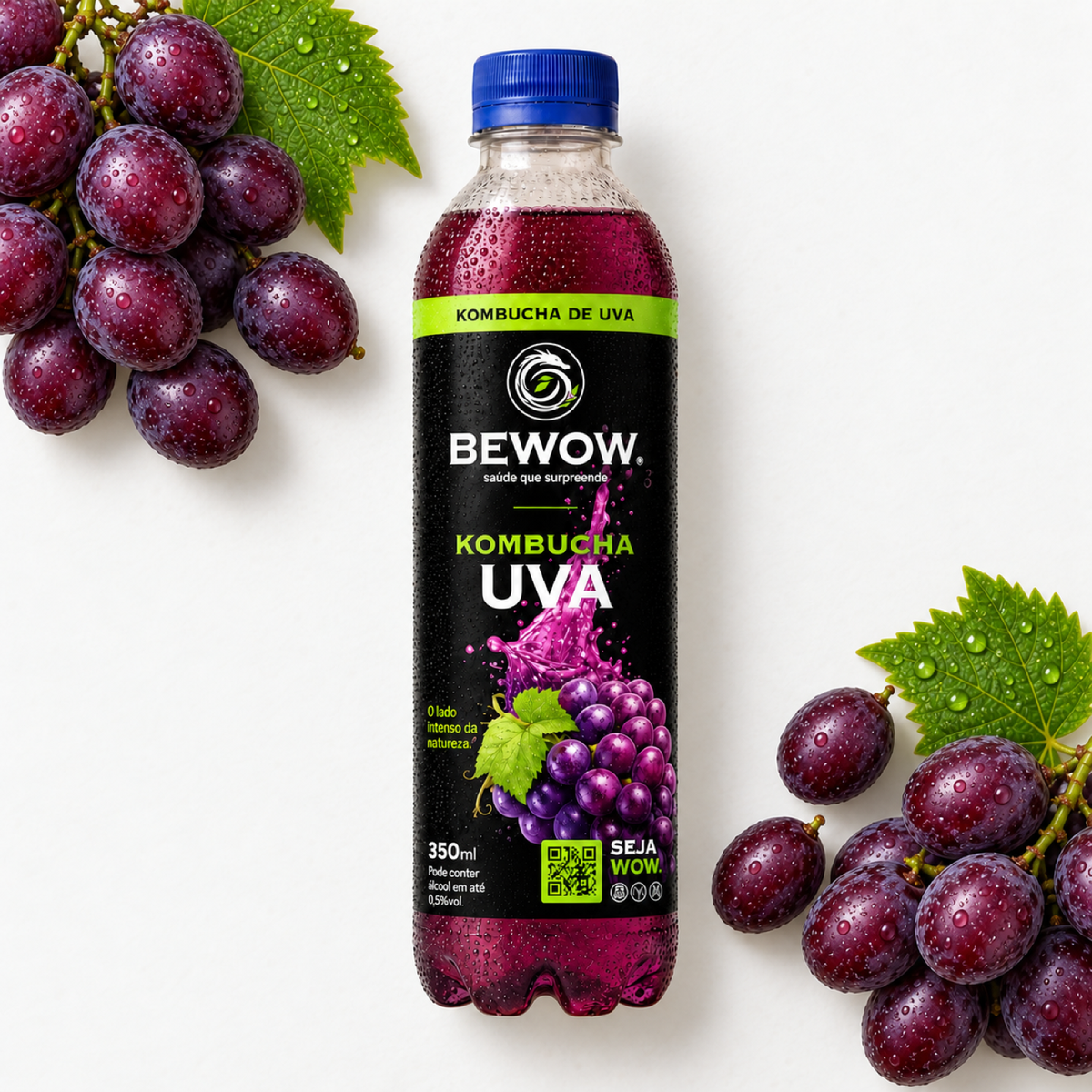 Kombucha Bewow Uva com os ingredientes do sabor