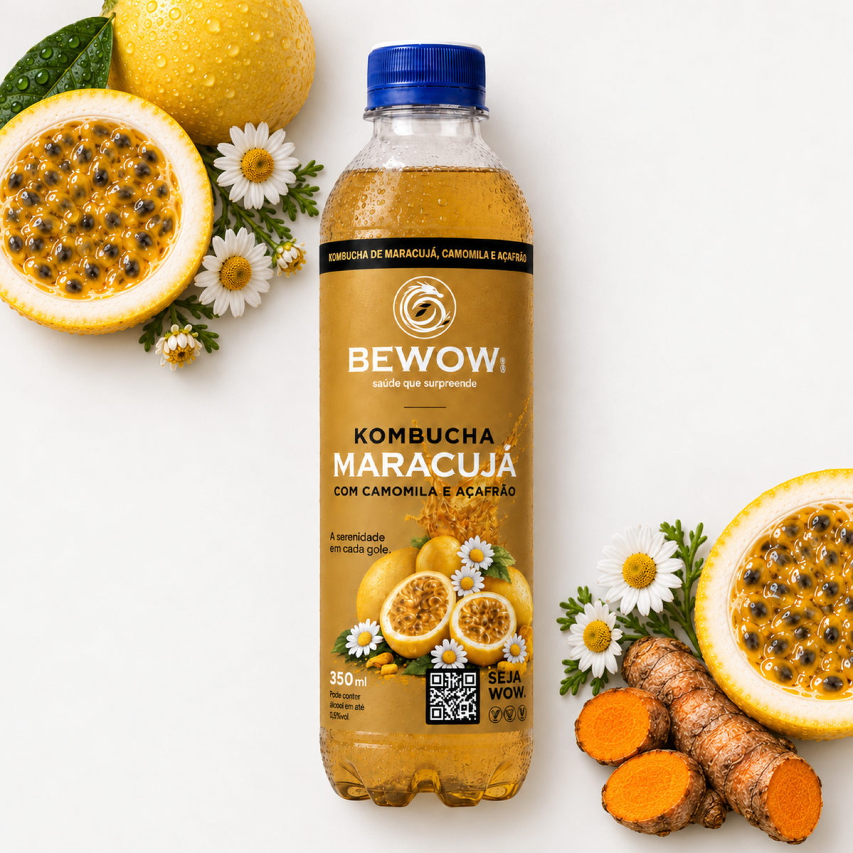 Kombucha Bewow Maracujá, Camomila e Açafrão com os ingredientes do sabor
