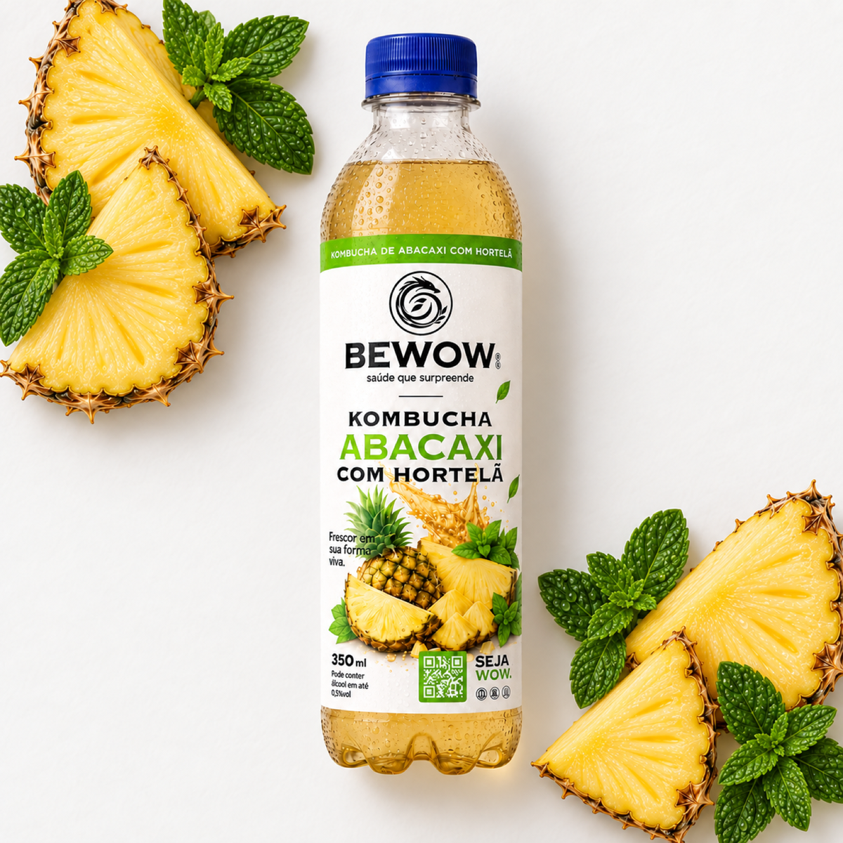 Kombucha Bewow Abacaxi com Hortelã com os ingredientes do sabor