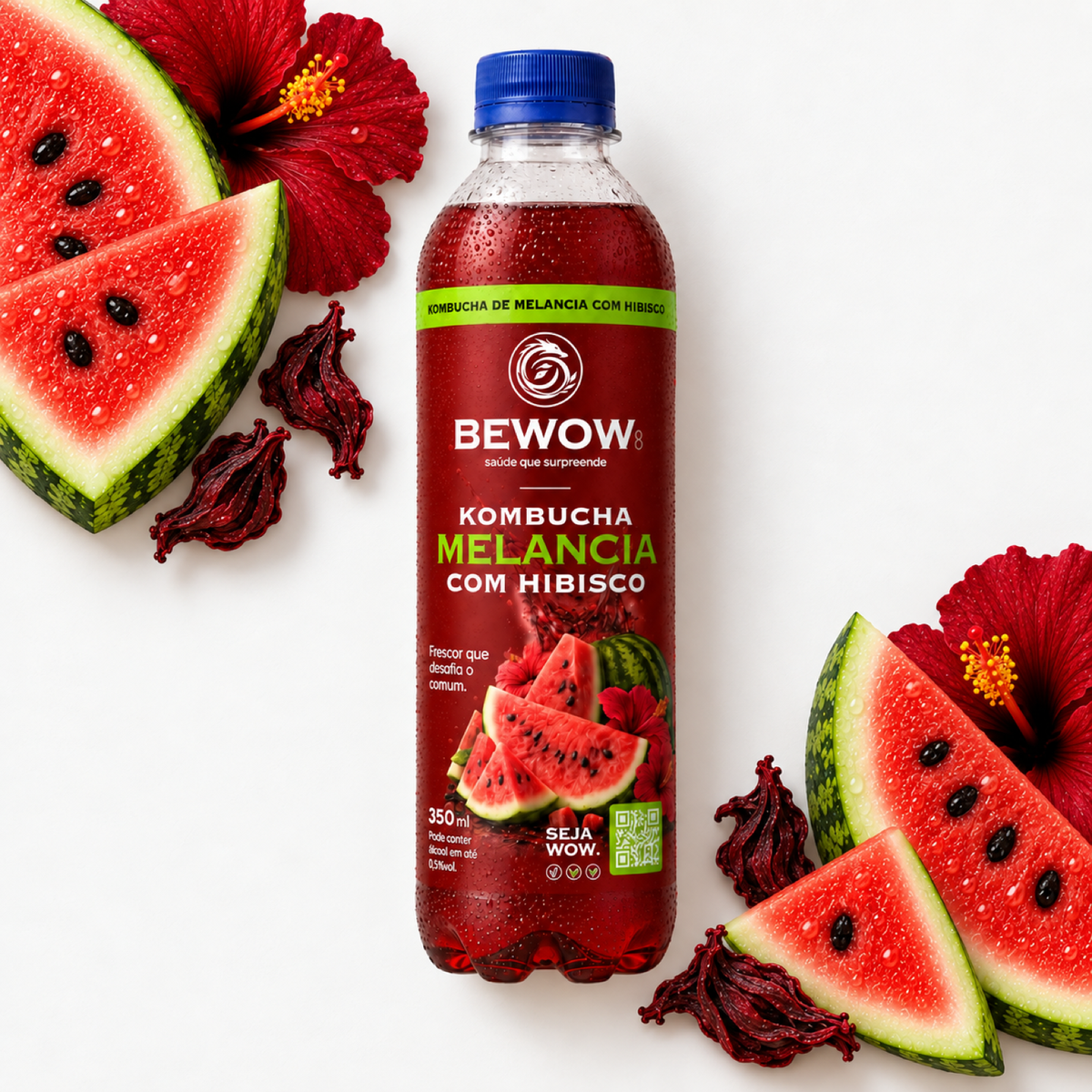 Kombucha Bewow Melancia com Hibisco com os ingredientes do sabor