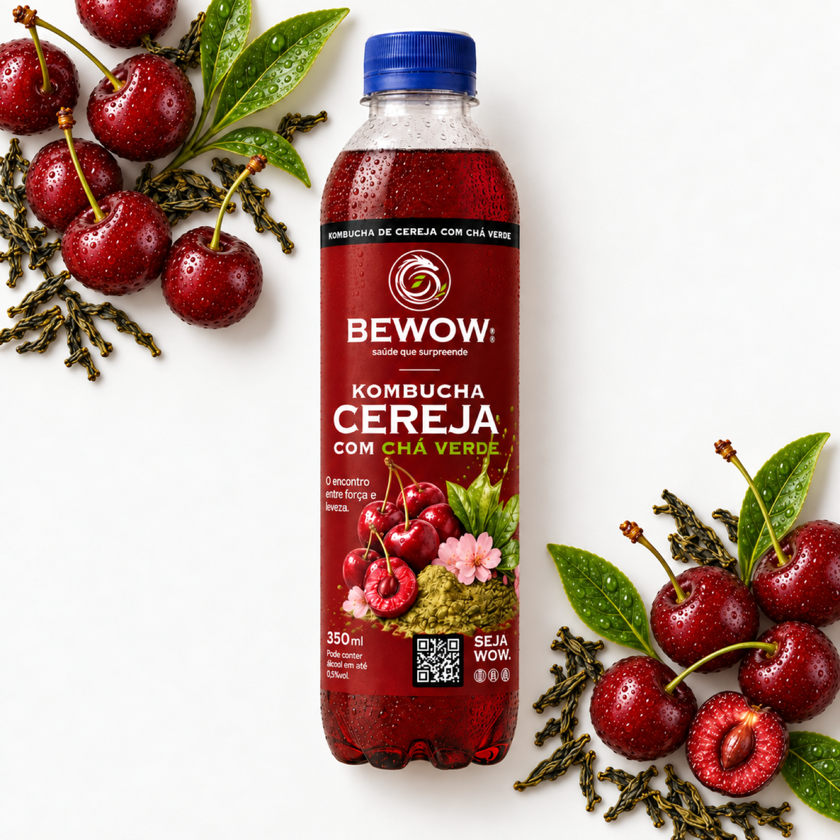 Kombucha Bewow Cereja com Chá Verde com os ingredientes do sabor