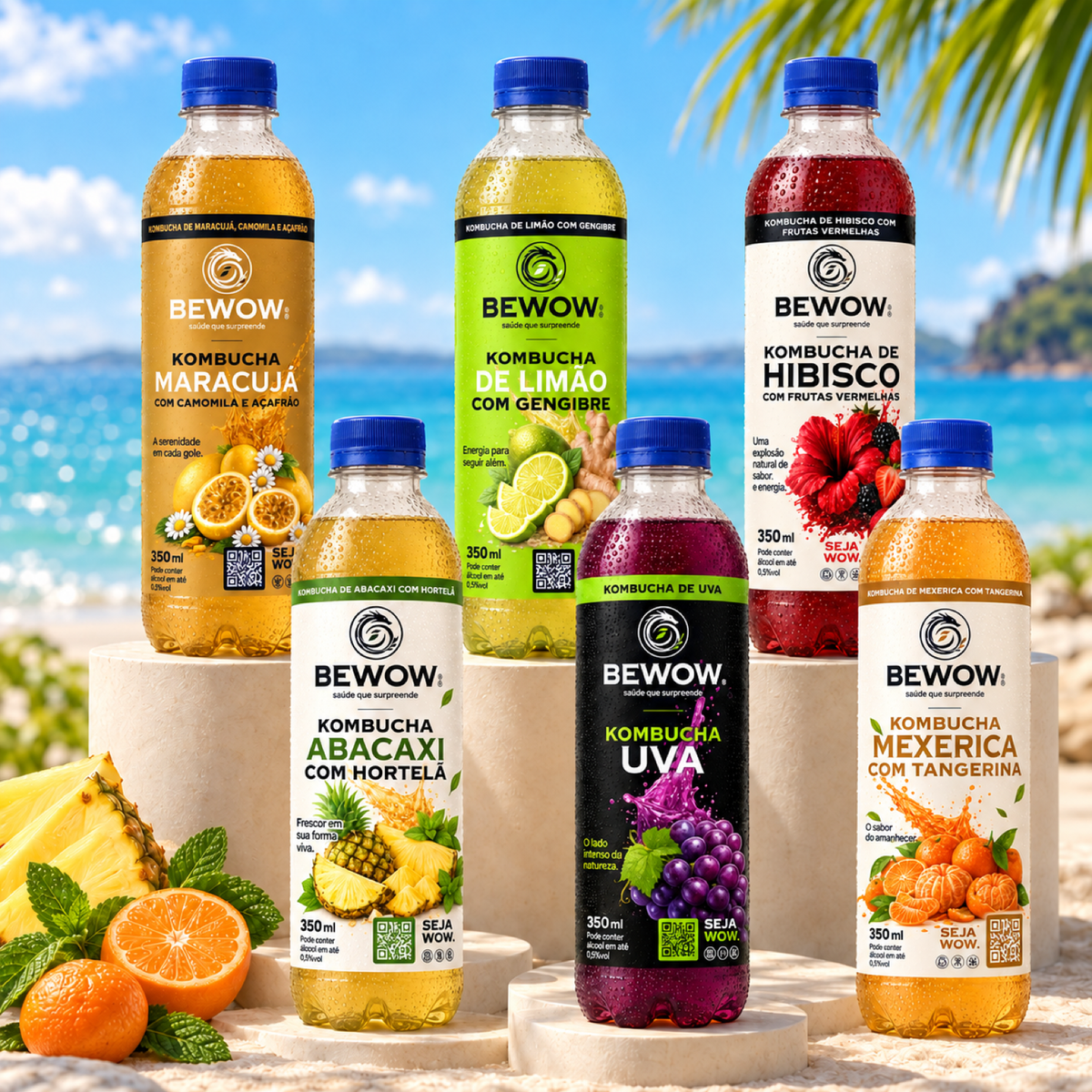 Combo Cítricos da Bewow em cenário de praia